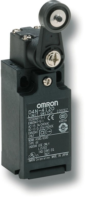 Omron - D4N-4120 Güvenlik Limit switchi, D4N, M20 (1 kablo yuvası), 1NC/1NO (hızlı kapama), makaralı kol (plastik kol, plastik makara)